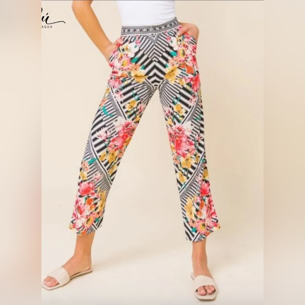 Jealous Tomato Stripe, Floral Crop Tapered Pants Sz Small - Picture 2 of 14